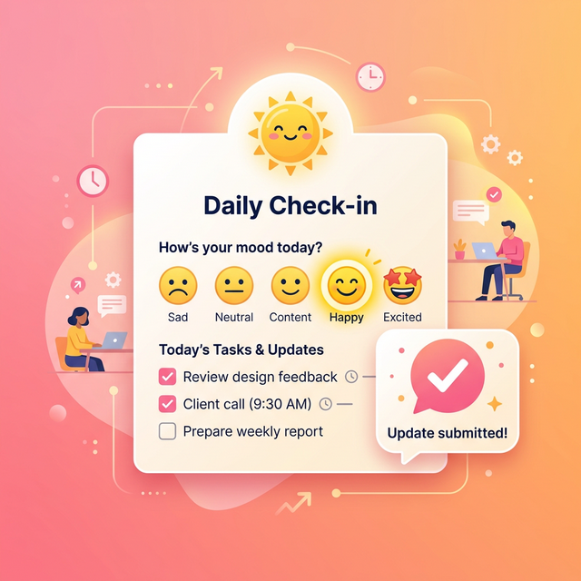 Ilustrasi Check-in Harian — form check-in dengan mood scale dan pertanyaan tim