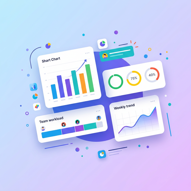 Ilustrasi Dashboard SuperTim — KPI cards, progress chart, dan workload overview