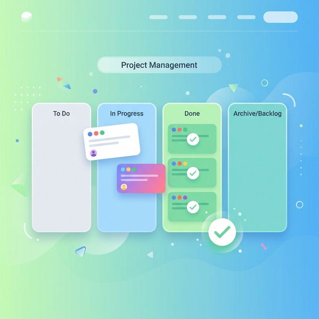 Ilustrasi Kanban Board — kolom dan task cards manajemen proyek