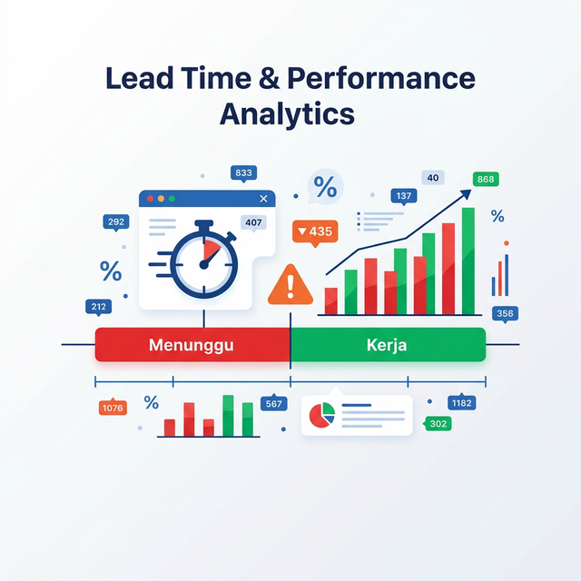 Ilustrasi Lead Time & Performance Analytics — chart perbandingan waktu tunggu vs waktu kerja