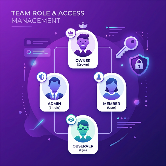 Ilustrasi Role & Manajemen Akses — hierarki Owner, Admin, Member, Observer
